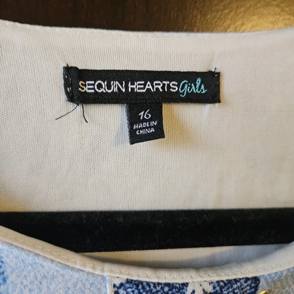 Sequin Hearts Blue and White Dress With Lace-Up Neck Design
